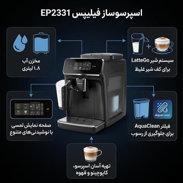 اسپرسوساز خانگی 1800 میلیلیتری فیلیپس مدل EP2331، تمام اتوماتیک با مصرف دانه و پودر قهوه، مناسب تهیه اسپرسو، کاپوچینو و فرانسه، دارای 2 عدد نازل قهوه، مکانیزم نظافت خودکار، سینی چکه گیر، حالت آماده به کار، آسیاب قهوه
